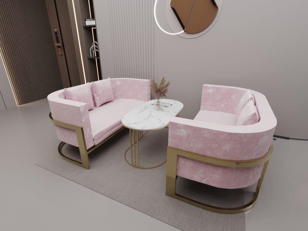 اثاث خارجي مودرن مكون من 3 قطع 2 كنبة وترابيزة الطقم مطلي بدهان مقاوم للصدأ ذهبي اللون