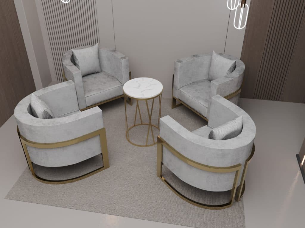 اثاث حدائق مودرن مكون من 4 كراسي معدن وتنجيد قطيفة باللون الرمادي