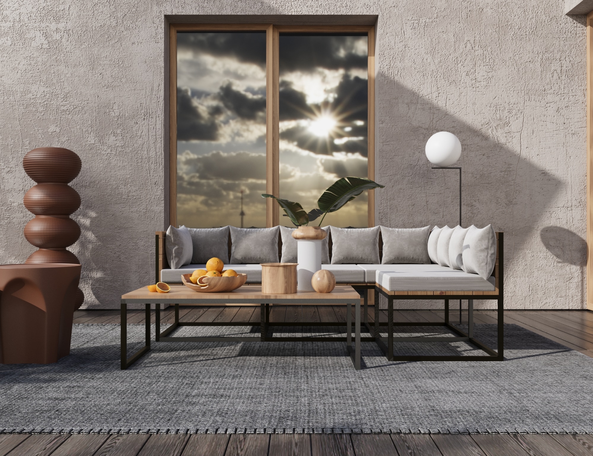 اثاث خارجي مودرن بهيكل من الحديد والخشب الطبيعي وتنجيد ووتر برووف